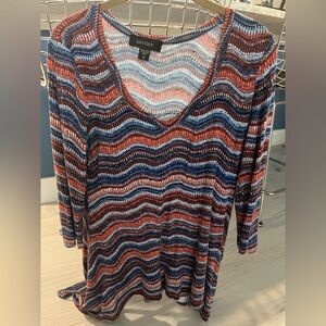 Karen Kane Red, White and Blue Vibrant Chevron Knit Top with High Low Hem